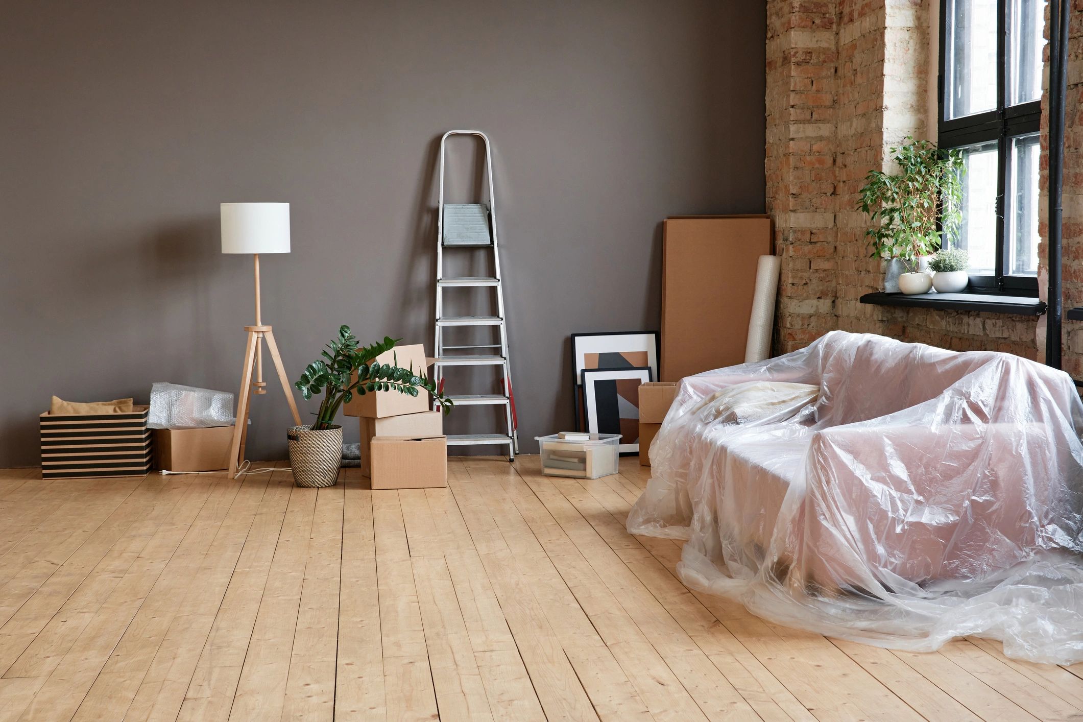 Moving boxes in a modern living room